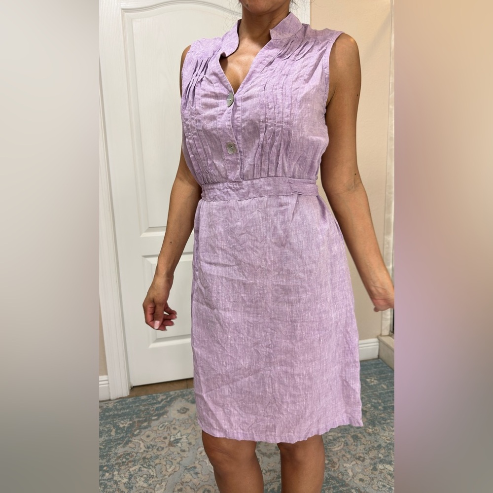 Italian designer Lilac Sleeveless Midi linen Dress with Button Detail
